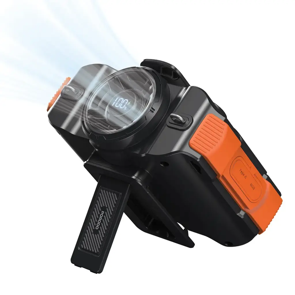 پنکه کمری PORODO مدل BLUETOOTH WAIST FAN با اسپیکر بلوتوثی رم‌خور، چراغ‌قوه و باتری 8000mAh قابل استفاده به عنوان پاور بانک| یه گجت همه کاره