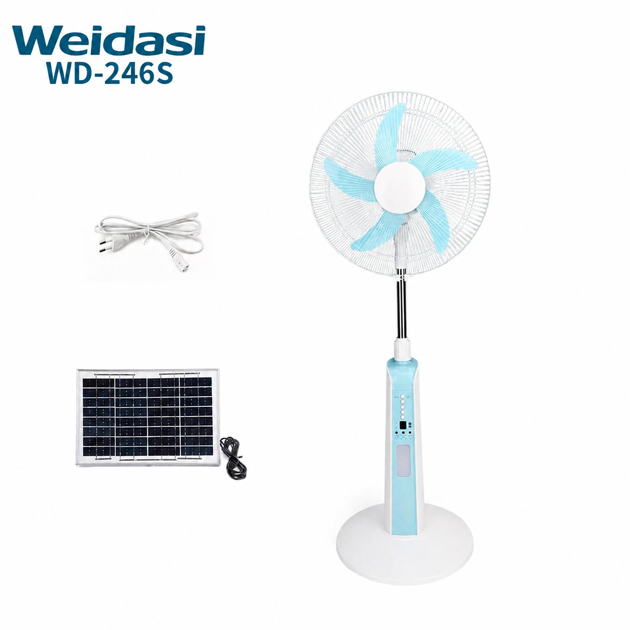 پنکه شارژی ایستاده ۱۶ اینچی ویداسی WEIDASI مدل WD-248 | ریموت کنترل، پنل خورشیدی و قابلیت پاوربانک