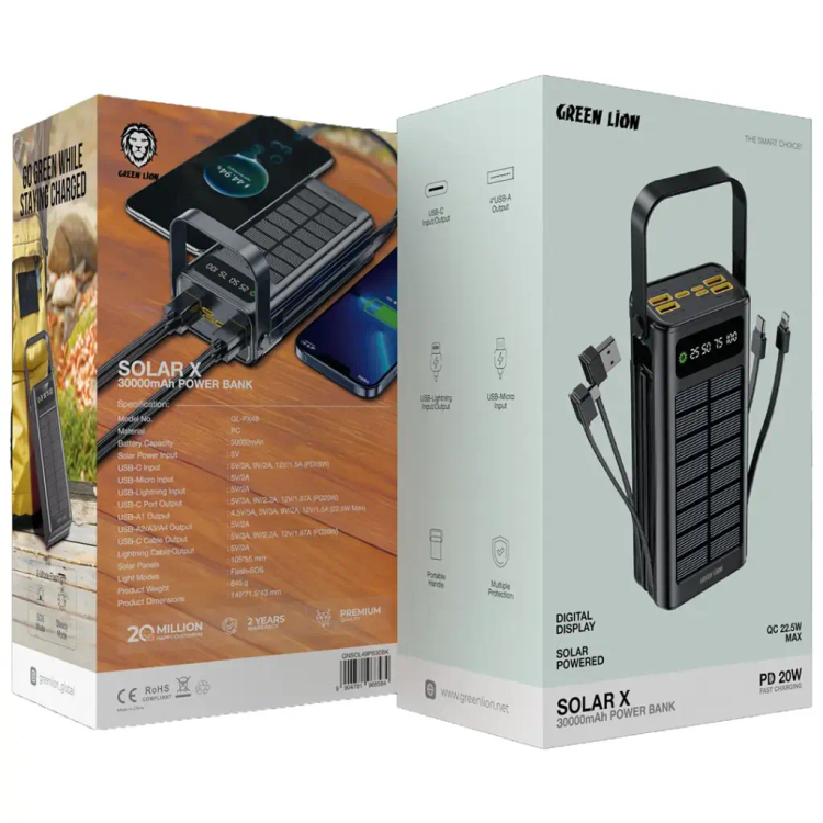 پاور بانک خورشیدی GREEN LION مدل SOLAR X ظرفیت 30000 میلی آمپر PD 20W