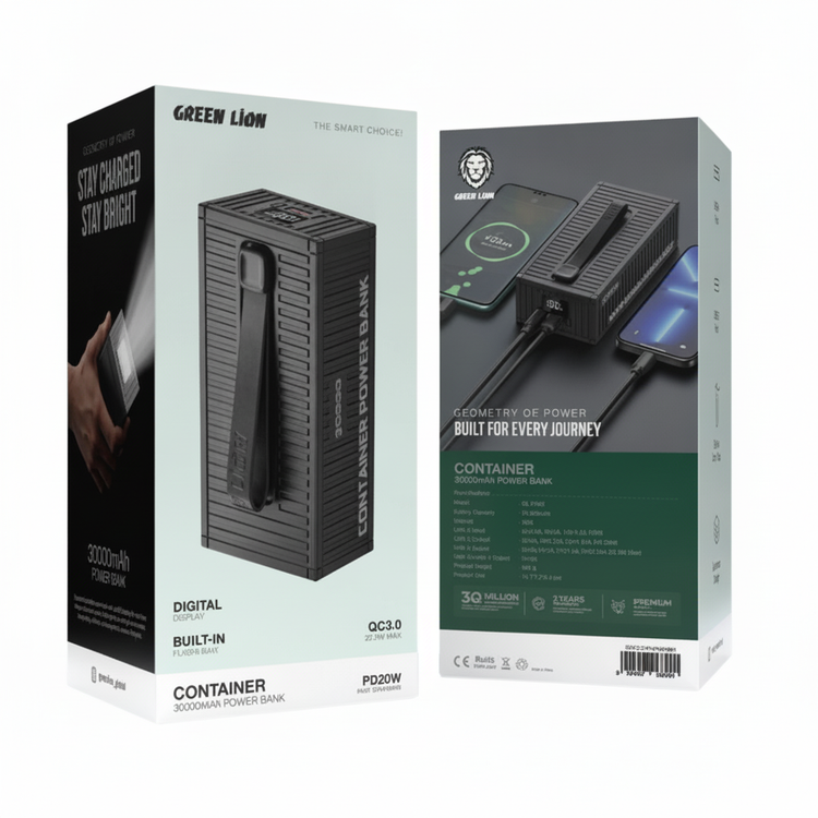 پاوربانک گرین لاین مدل Container با ظرفیت 30000 میلیآمپرساعت | شارژ سریع PD 20W، QC 22.5W و کابل ۴ کاره