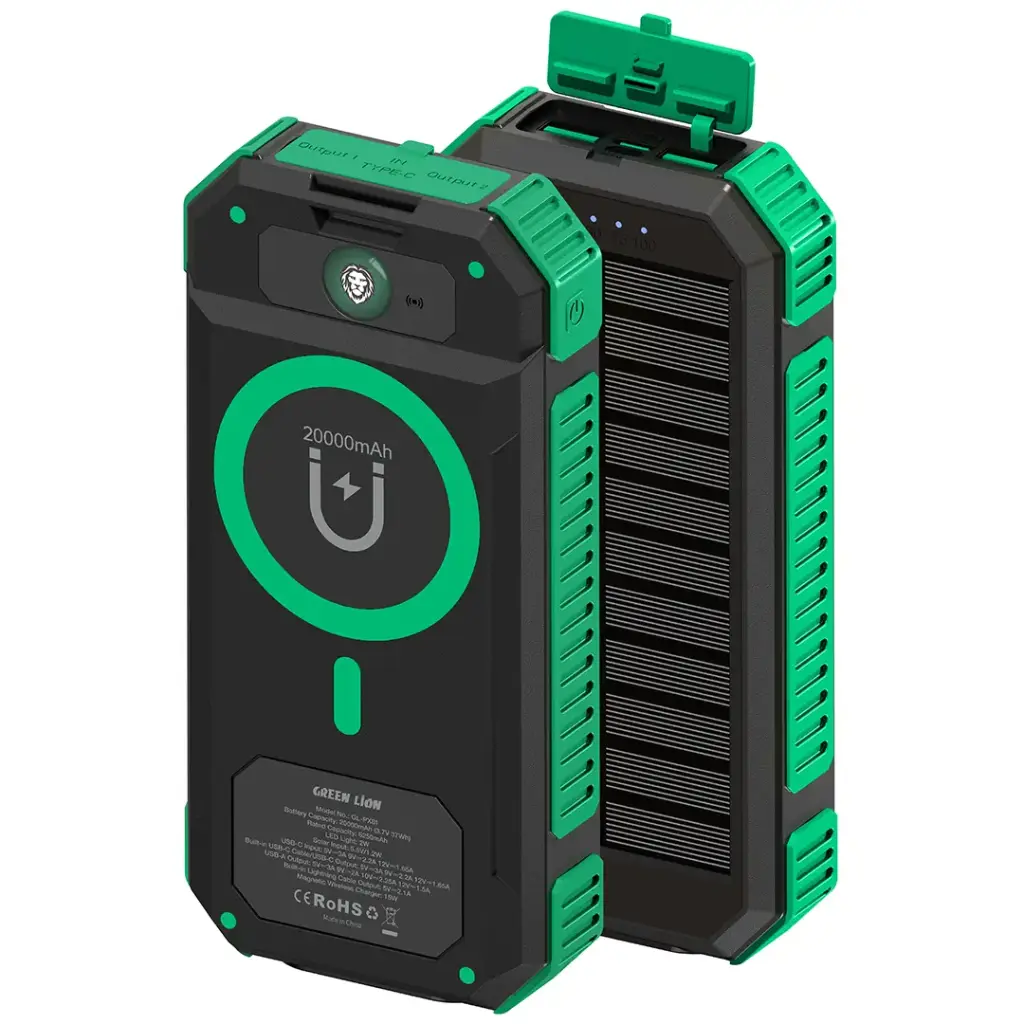 پاوربانک خورشیدی و مگ‌سیف Green Lion مدل Solar Flex ظرفیت 20000mAh | مقاوم با استاندارد IP65، شارژ سریع 22.5 وات و بی‌سیم 15 وات