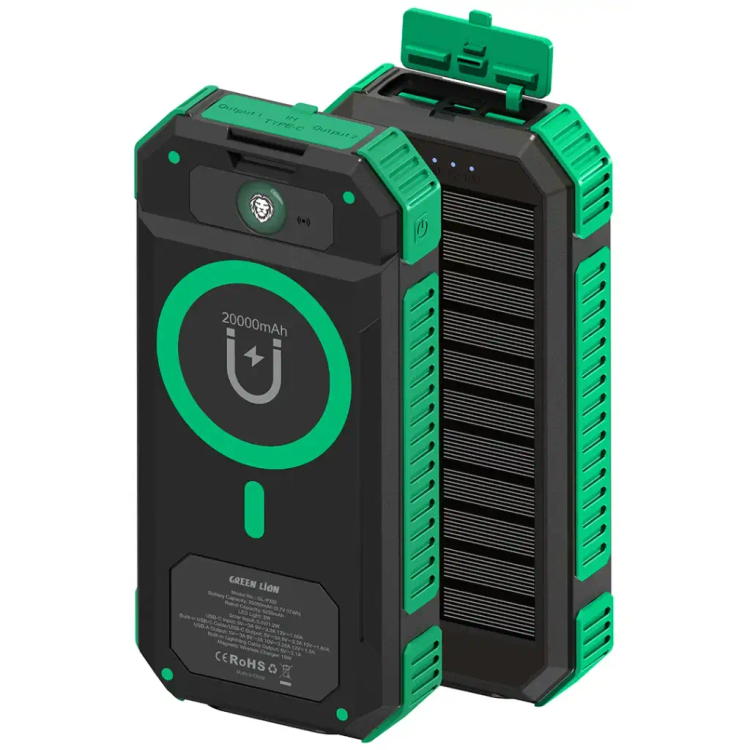 پاوربانک خورشیدی و مگسیف Green Lion مدل Solar Flex ظرفیت 20000mAh | مقاوم با استاندارد IP65، شارژ سریع 22.5 وات و بیسیم 15 وات