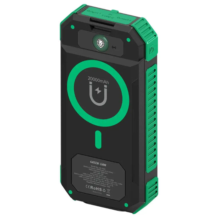 پاوربانک خورشیدی و مگسیف Green Lion مدل Solar Flex ظرفیت 20000mAh | مقاوم با استاندارد IP65، شارژ سریع 22.5 وات و بیسیم 15 وات