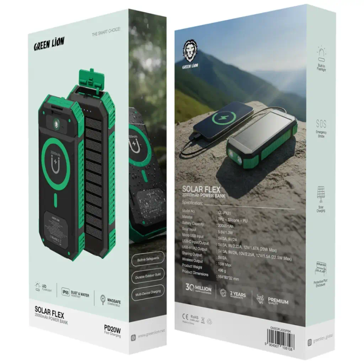 پاوربانک خورشیدی و مگسیف Green Lion مدل Solar Flex ظرفیت 20000mAh | مقاوم با استاندارد IP65، شارژ سریع 22.5 وات و بیسیم 15 وات