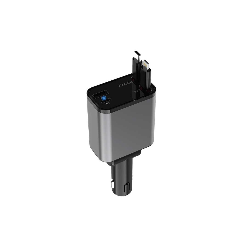شارژر فندکی خودرو Green Lion مدل Retractable 50W | دو کابل جمع‌شونده Type-C و Lightning