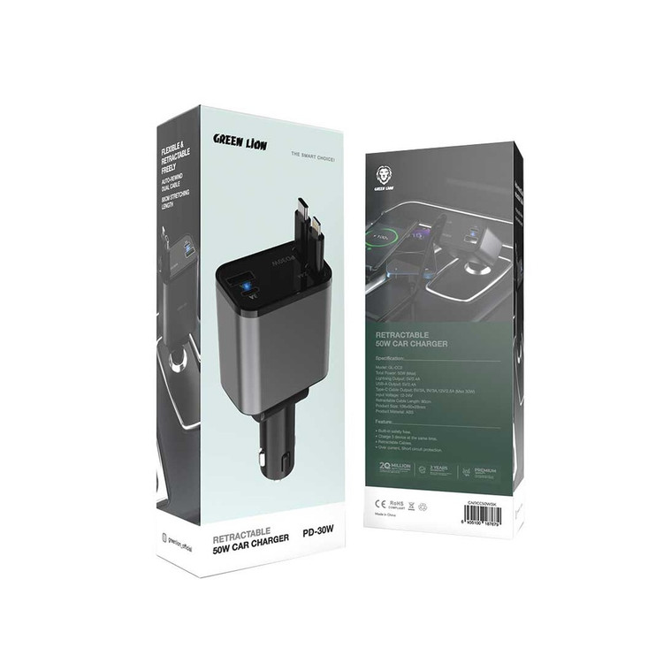 شارژر فندکی خودرو Green Lion مدل Retractable 50W | دو کابل جمعشونده Type-C و Lightning