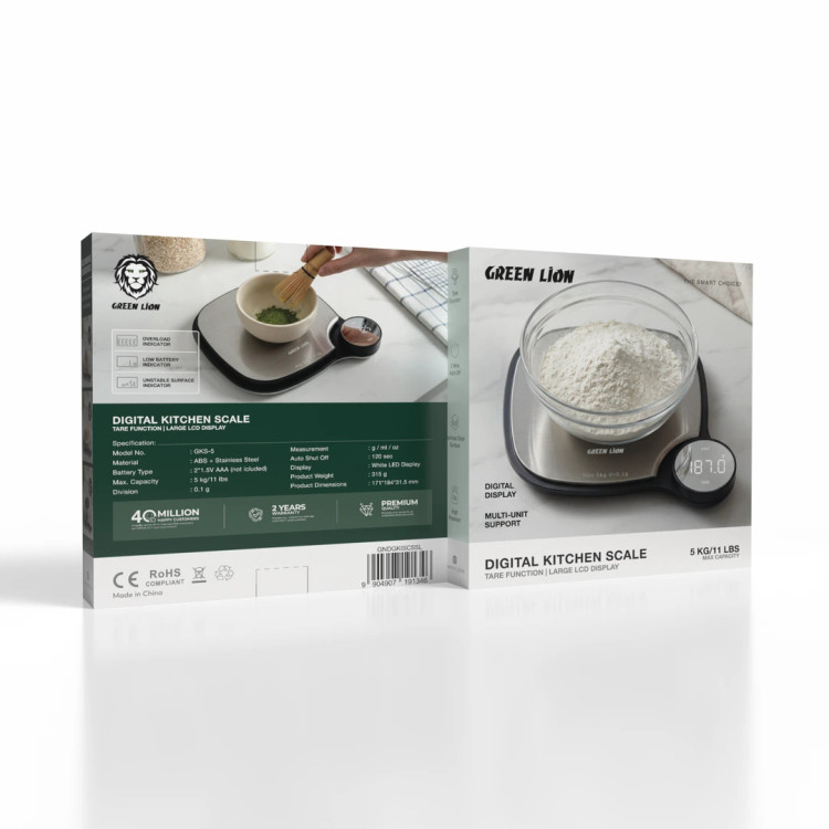 ترازو آشپزخانه دیجیتال Green Lion مدل Digital Kitchen Scale | ظرفیت ۵ کیلوگرم، قابلیت Tare و نمایشگر بزرگ