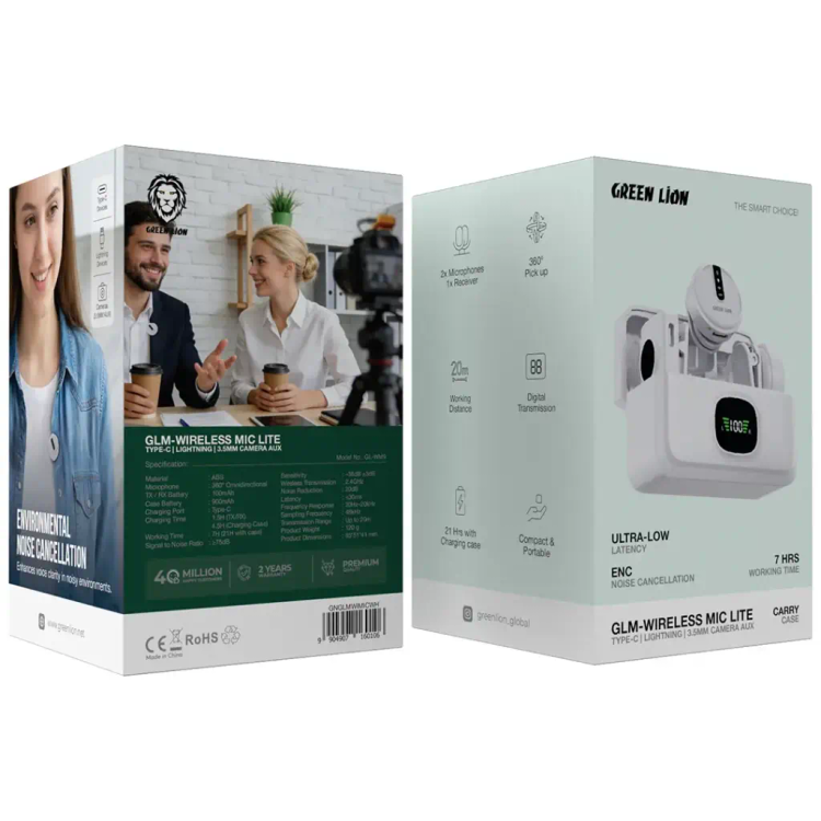 میکروفون بیسیم یقهای Green Lion GLM-Wireless Mic Lite | دو میکروفون، برد 20 متر و اتصال Type-C، Lightning و 3.5mm