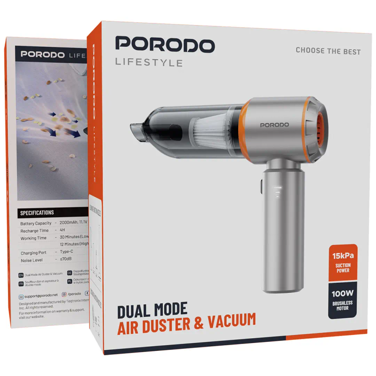 جارو شارژی و جتفن دوکاره ۱۰۰ وات پرودو Porodo Dual Mode Air Duster & Vacuum ب