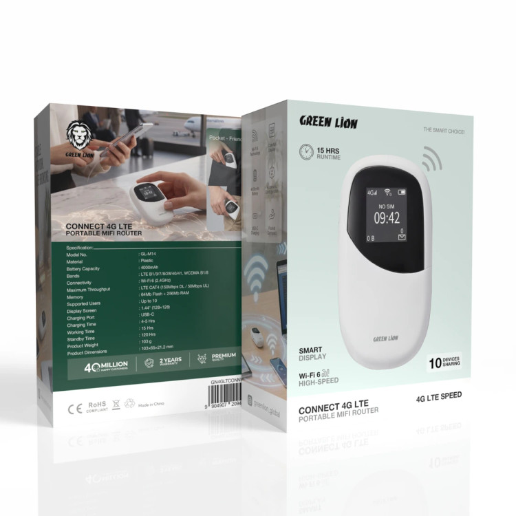 مودم جیبی 4G LTE گرین لاین Green Lion Connect Portable MiFi Router | وایفای Wi-Fi 6 و باتری ۴۰۰۰ میلیآمپرساعت